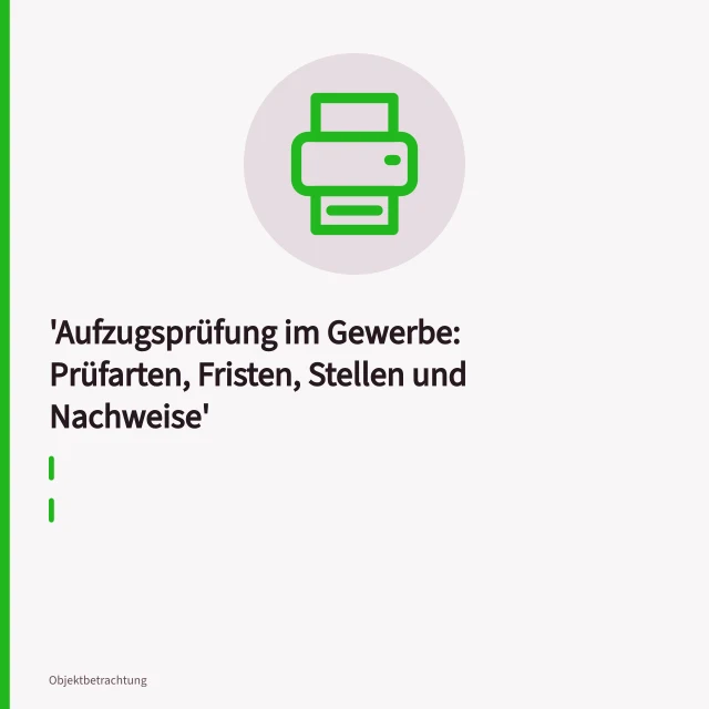 Aufzugsanlage im Gewerbegebäude während der wiederkehrenden Hauptprüfung durch eine Überwachungsstelle. Aufzugsprüfung im Gewerbe: Prüfarten, Fristen, Stellen und Nachweise