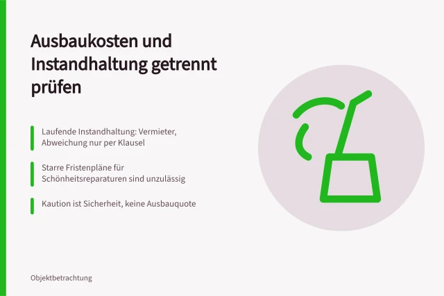 Karte zu Kostentrennung, Instandhaltung und Kautionsregelung im Gewerbemietrecht. Ausbaukosten und Instandhaltung nach IHK-Orientierungen getrennt prüfen