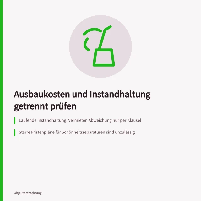 Karte zu Kostentrennung, Instandhaltung und Kautionsregelung im Gewerbemietrecht. Ausbaukosten und Instandhaltung nach IHK-Orientierungen getrennt prüfen
