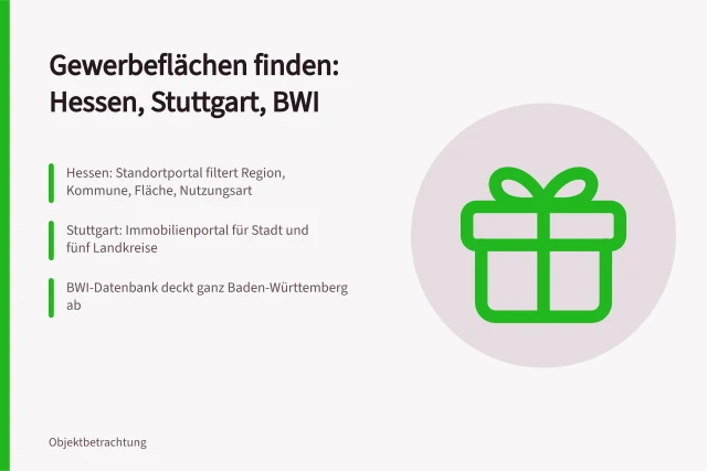 Vergleich von drei Portalen zur Suche nach Gewerbeflächen. Gewerbeflächen finden: Hessen, Stuttgart und BWI im Vergleich