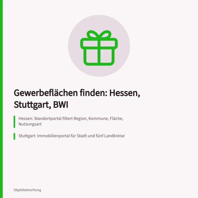 Vergleich von drei Portalen zur Suche nach Gewerbeflächen. Gewerbeflächen finden: Hessen, Stuttgart und BWI im Vergleich