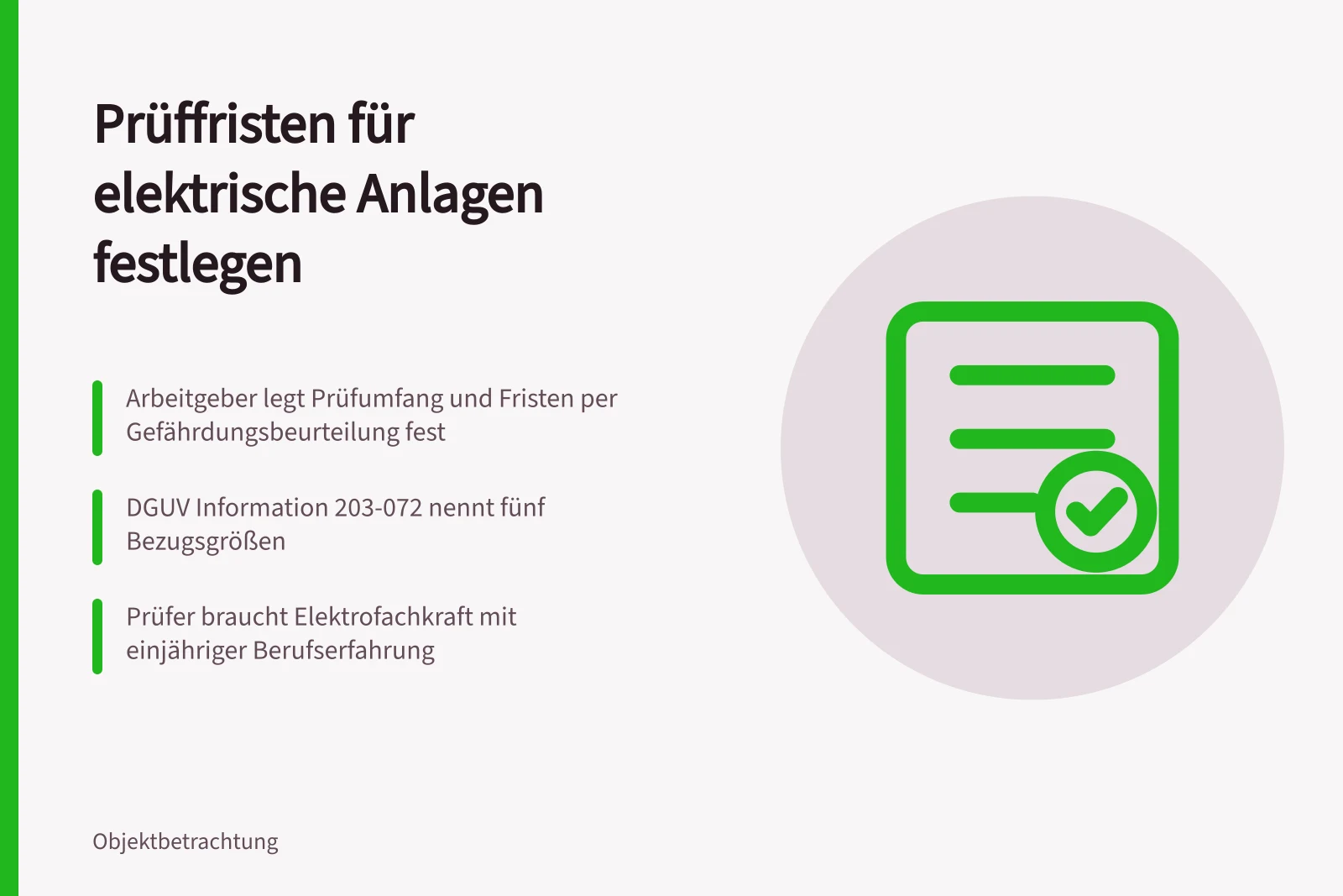 Karte zu Prüffristen elektrischer Anlagen mit drei Kernpunkten