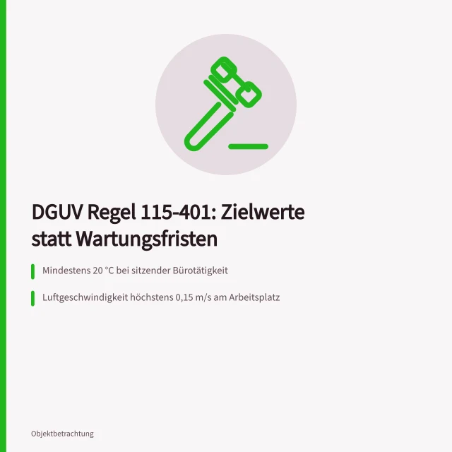 DGUV Regel 115-401 mit Zielwerten für Büroraumluft und Wartung. Raumlufttechnik im Büro: was DGUV Regel 115-401 konkret fordert