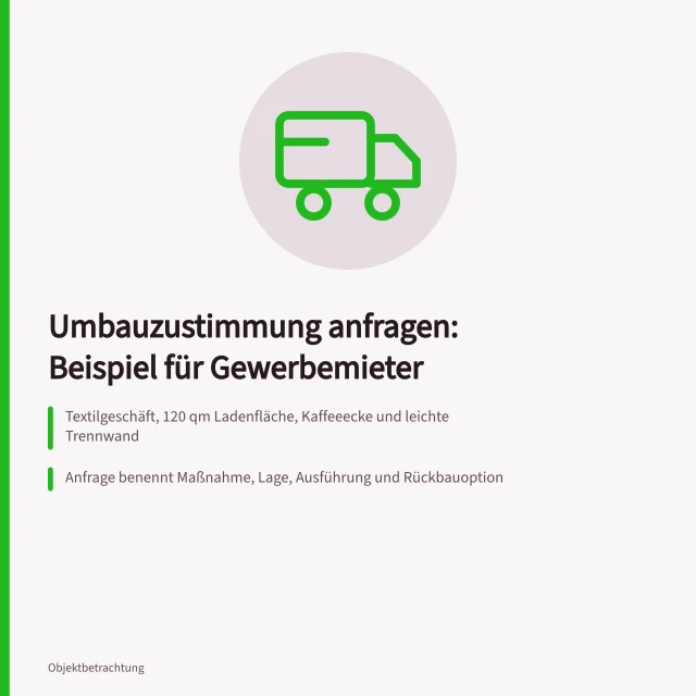 Beispielschreiben zur Umbauzustimmung für Gewerbemieter mit Kaffeeecke und Trennwand. Umbauzustimmung anfragen: ausgefülltes Beispiel für Gewerbemieter